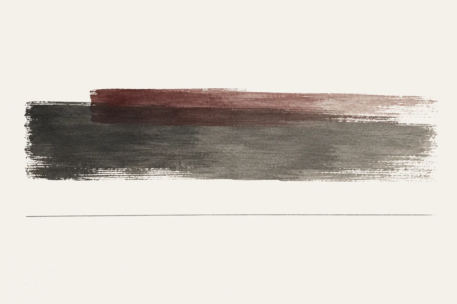 Abstract painting: a broad charcoal brushstroke beneath a narrower claret stroke, with a fine pencil line below
