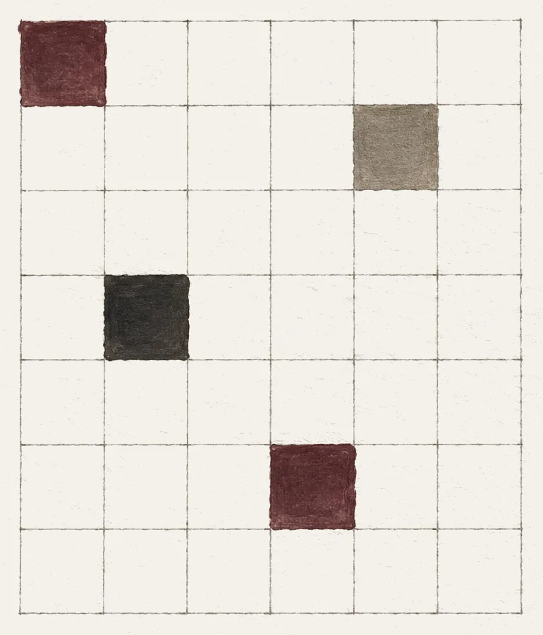 Abstract painting: a fine graphite grid with four filled squares in claret, gray, and ink